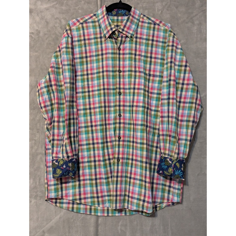 Alan Flusser Button Down Shirt Mens L Multicolor Plaid Pineapple Flip Cuffs